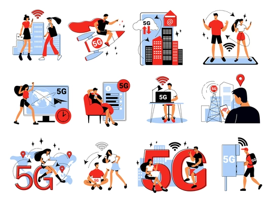 5g internet flat color set with human characters and gadgets isolated on white background vector illustration