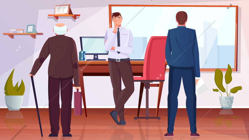 Age discrimination flat background with elderly and young man in office vector illustration