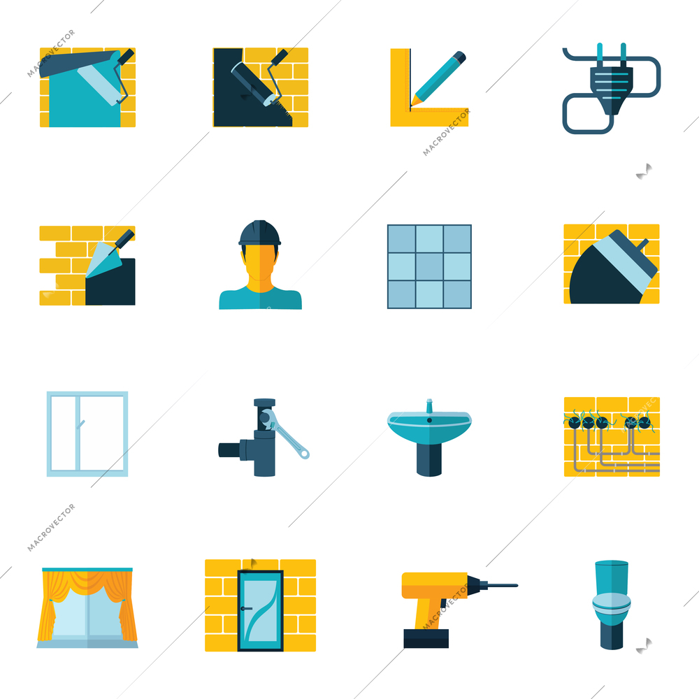 Home repair diy renovation housework icons set flat isolated vector illustration