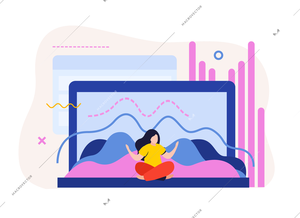 Data analysis flat background with laptop computer and graph curves with woman sitting in yoga pose vector illustration