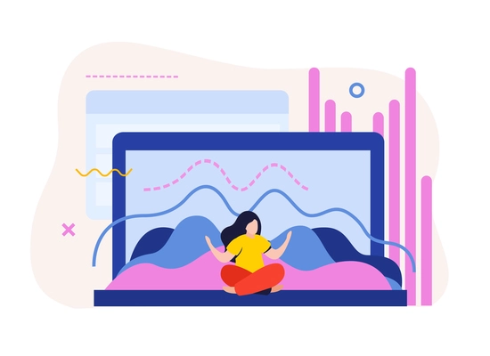 Data analysis flat background with laptop computer and graph curves with woman sitting in yoga pose vector illustration