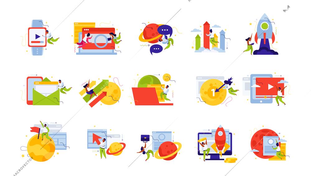 Set of isolated startup flat recolor icons with images of planets target signs gadgets and computers vector illustration