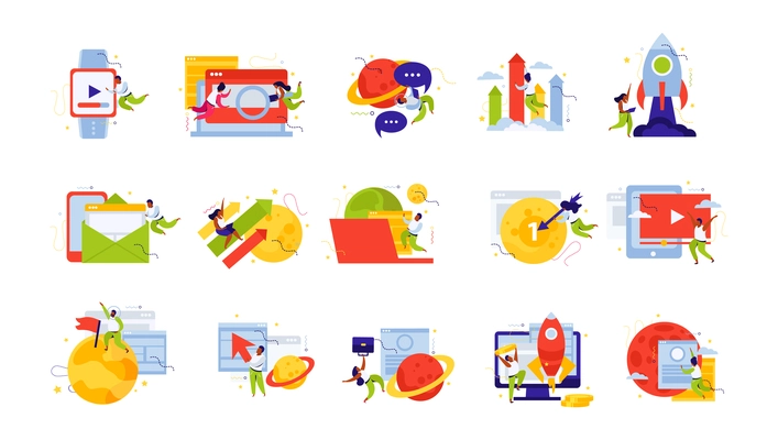 Set of isolated startup flat recolor icons with images of planets target signs gadgets and computers vector illustration