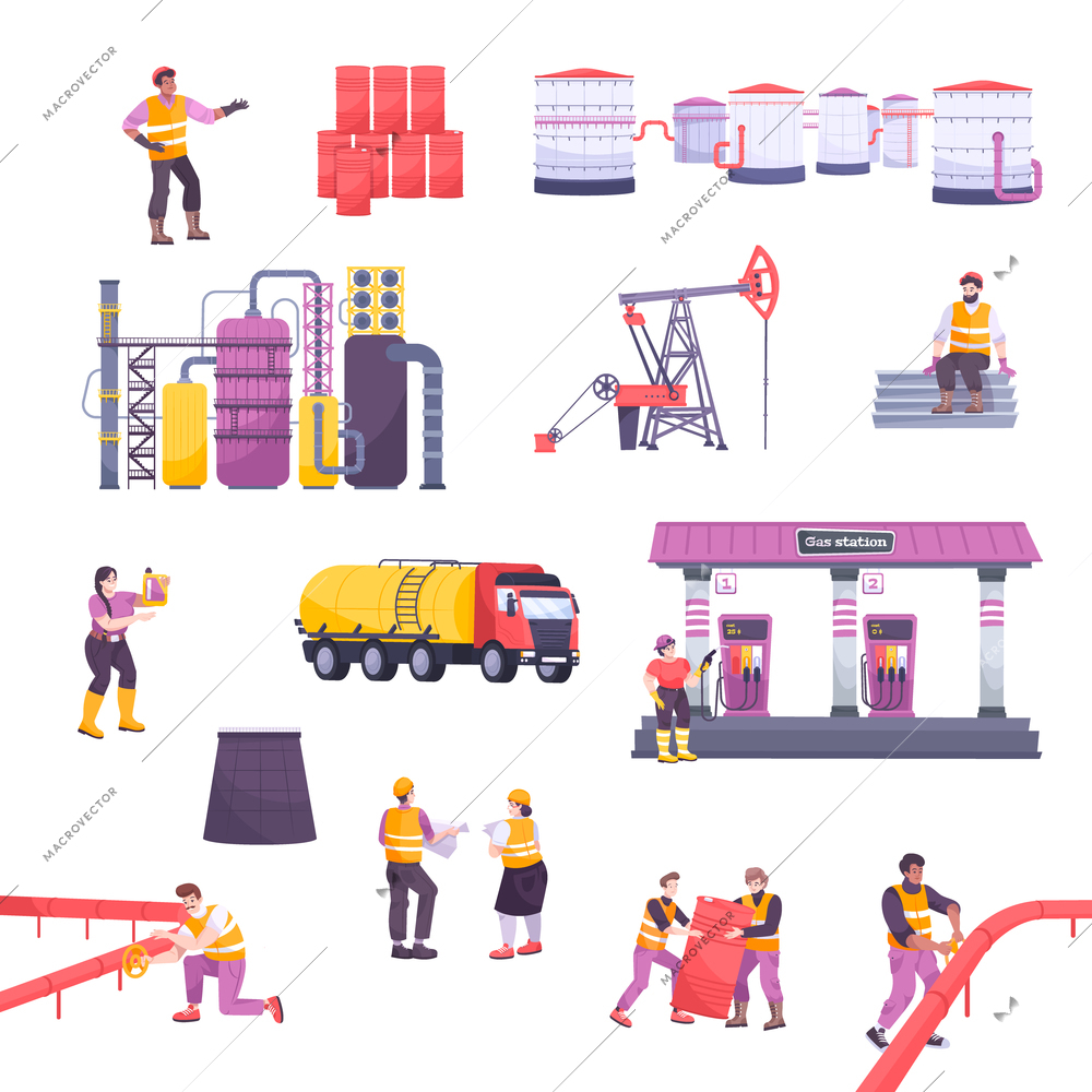 Oil industry icons set with oil production symbols flat isolated vector illustration