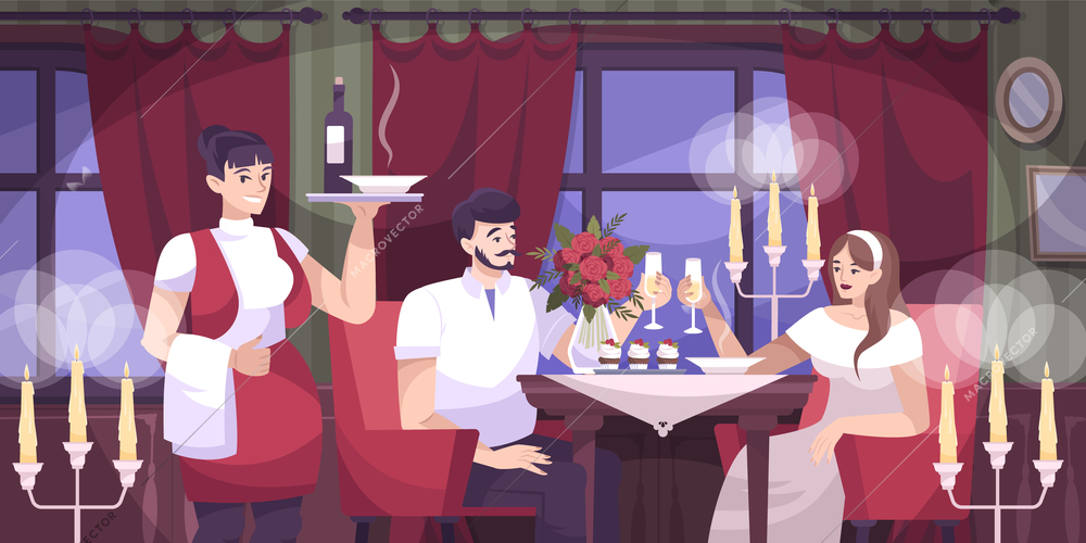 Romantic couple cafe flat composition with romantic date for couple in restaurant vector illustration