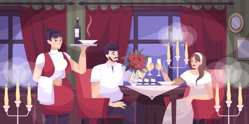 Romantic couple cafe flat composition with romantic date for couple in restaurant vector illustration