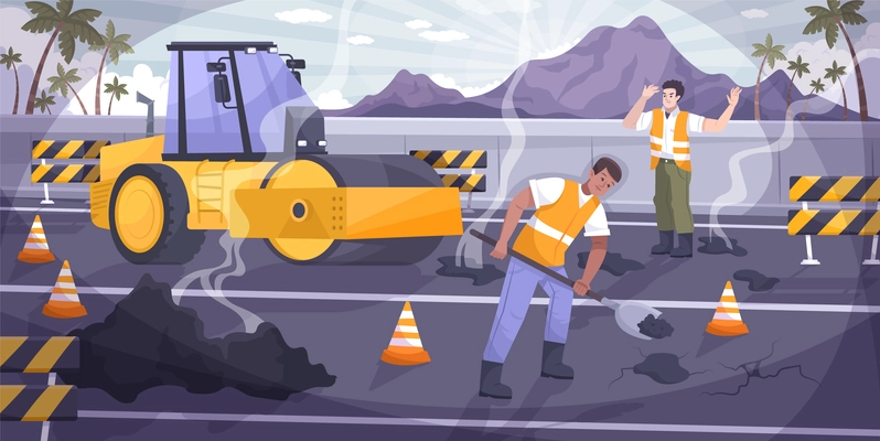 Road repair flat composition with two workers repairing a hole in the asphalt vector illustration