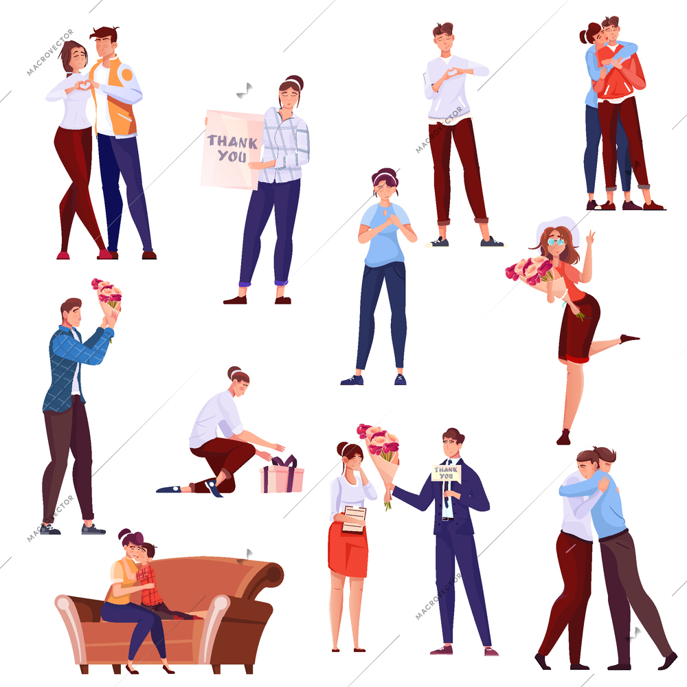 Thank you flat set of people with banners and bouquet of flowers  kissing and embracing loving couples isolated vector illustration