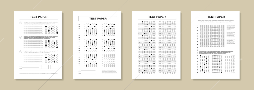 Realistic test paper set of four isolated exam sheets with marks and editable task description text vector illustration