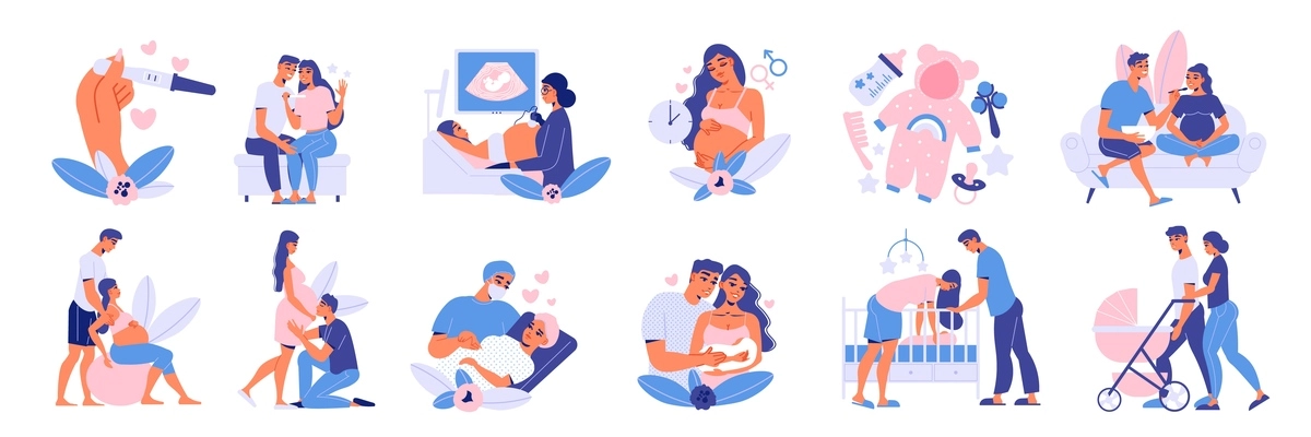 Pregnant motherhood set of isolated icons images of baby stuff with characters of parents and doctor vector illustration