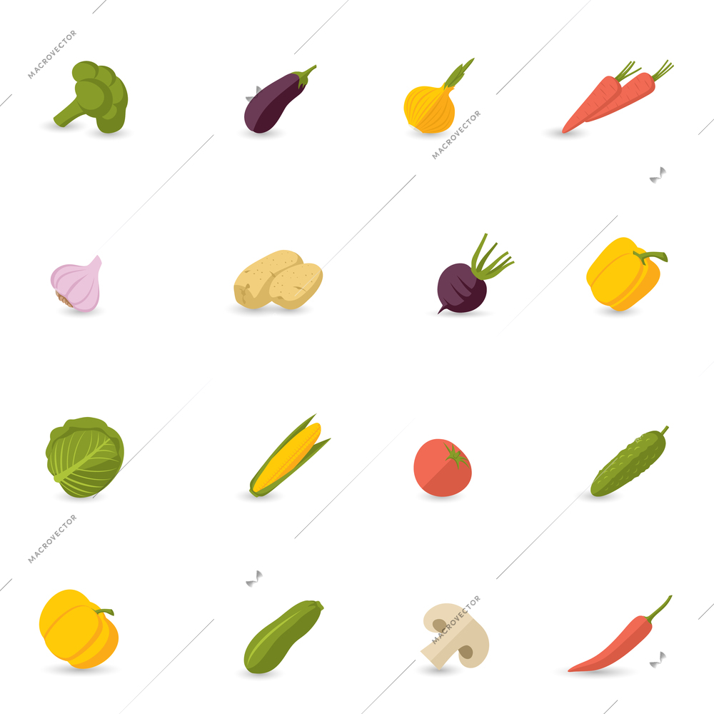 Food vegetables flat set of pepper pumpkin broccoli onion garlic isolated vector illustration