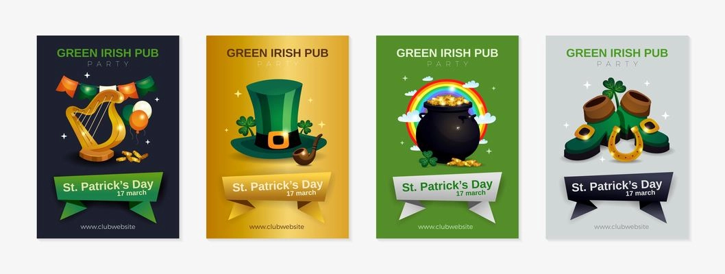 Saint patricks day set of four vertical posters with traditional symbols and ribbons with editable text vector illustration