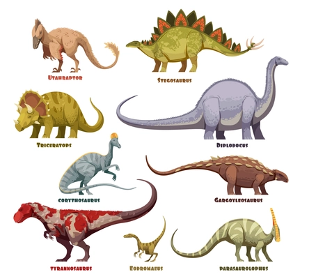 Dinosaurs colored cartoon set with text description isolated on white background vector illustration