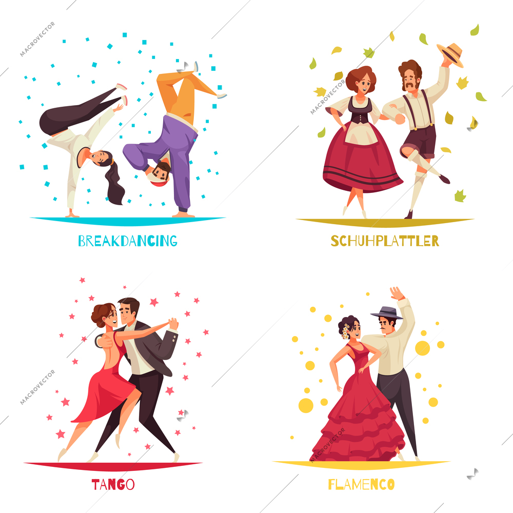 International dance day 2x2 design concept set of breakdancing flamenco tango flat compositions vector illustration