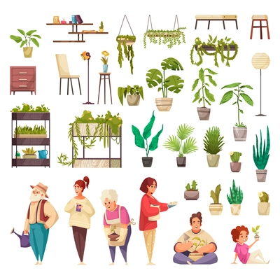 Set of home plants growing in pots or planters furniture and people caring for indoor plants isolated vector illustration