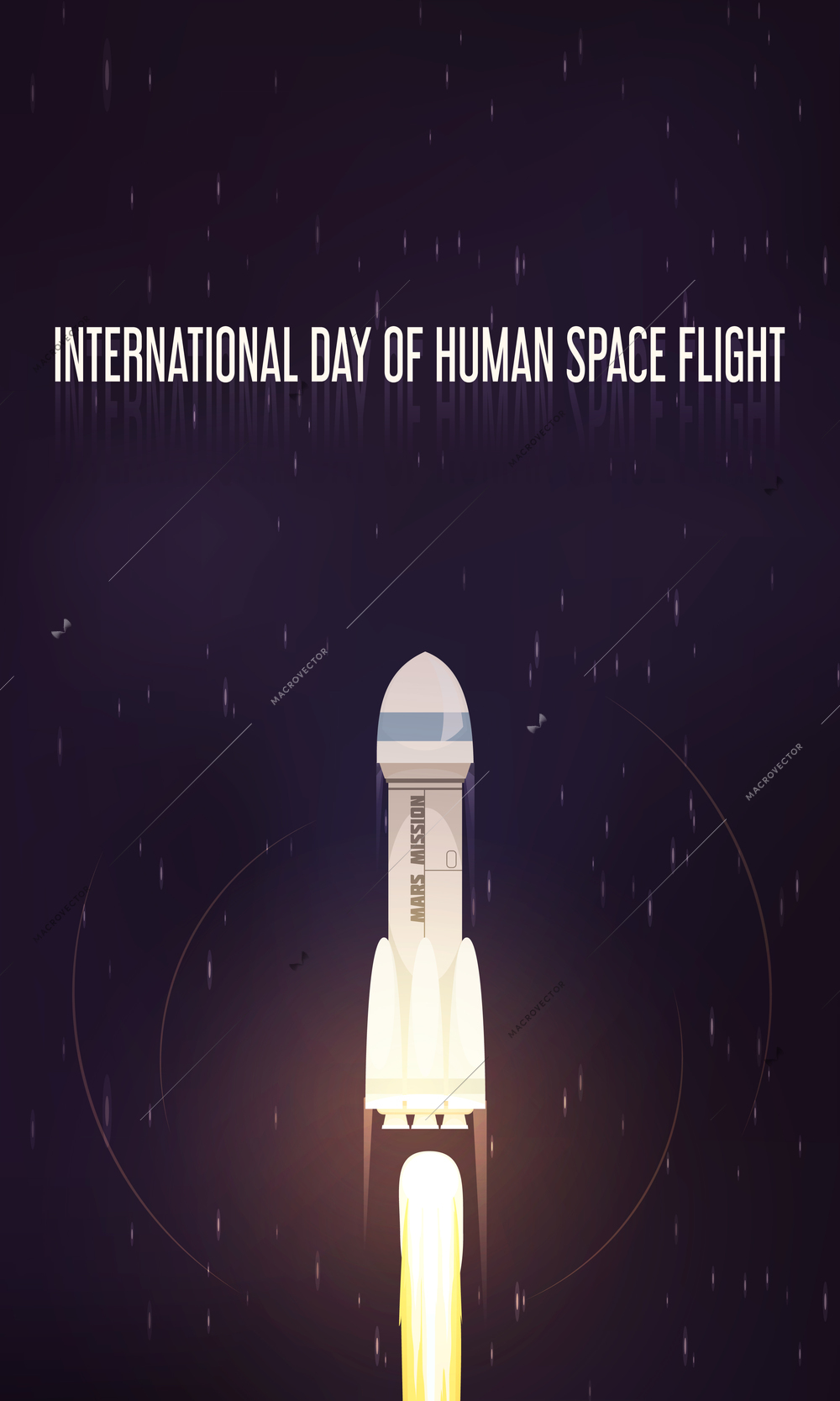 International day of human space flight flat composition with starting rocket at night starry sky background vector illustration