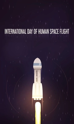 International day of human space flight flat composition with starting rocket at night starry sky background vector illustration