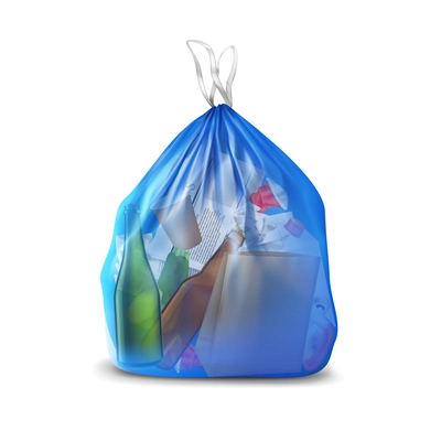 Transparent plastic bag with trash realistic composition of translucent container filled with paper and glass bottles vector illustration