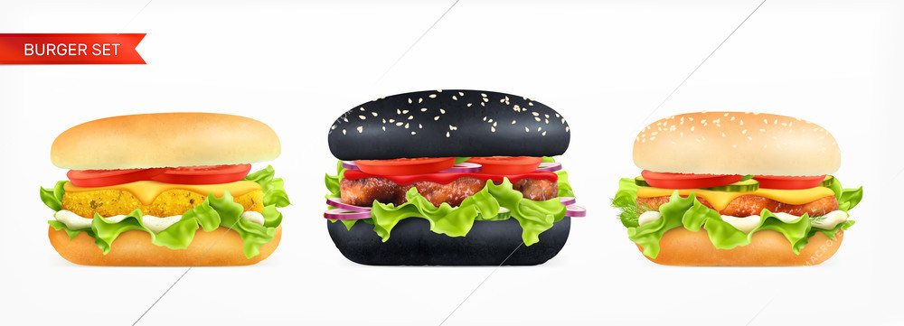 Burger types realistic composition with text and isolated images of sandwiches with different ingredients and buns vector illustration