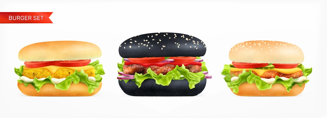 Burger types realistic composition with text and isolated images of sandwiches with different ingredients and buns vector illustration