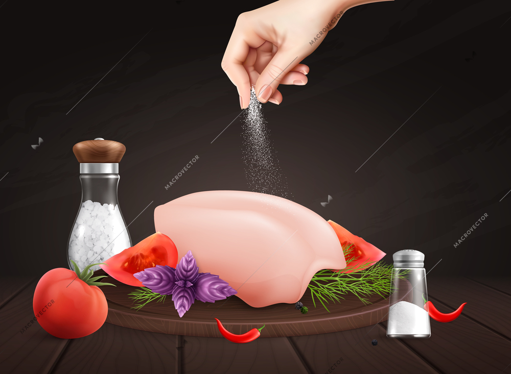 Salt meat realistic composition with human hand pouring pinch of salt onto raw meat with vegetables vector illustration