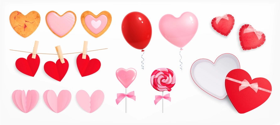 Valentines day hearts realistic set with isolated icons of heart shaped balloons cookies candies and envelopes vector illustration
