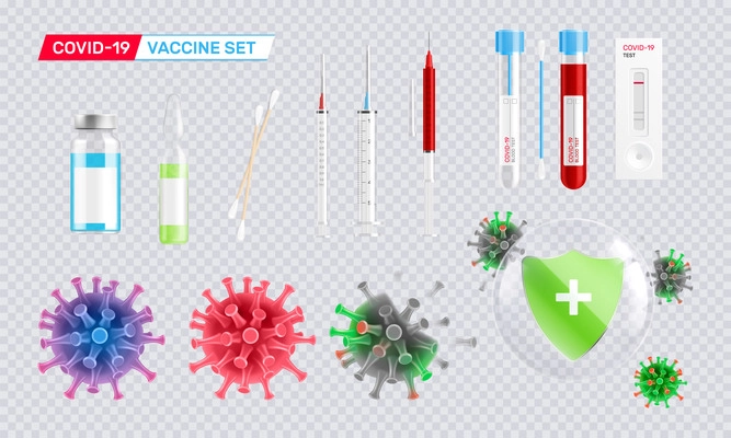 Coronavirus vaccine realistic set of isolated icons on transparent background with syringe test tubes and viruses vector illustration