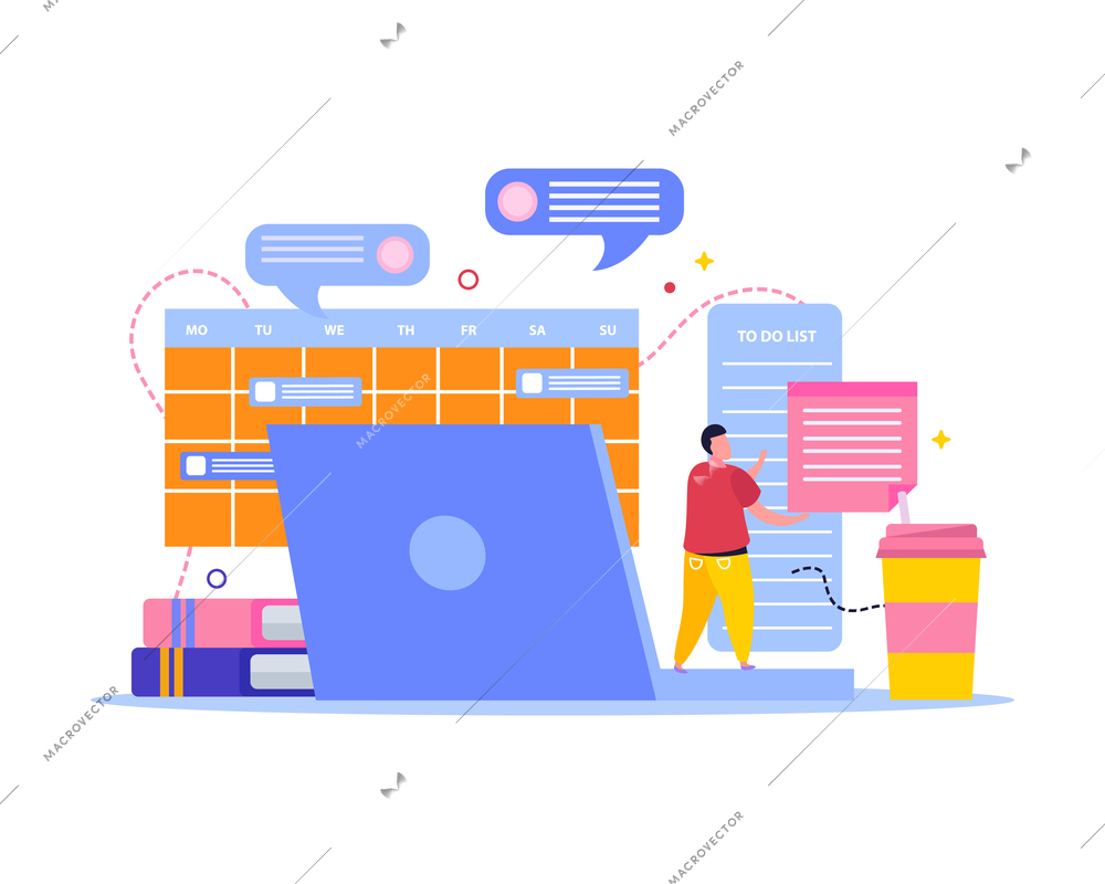 Planning and scheduling flat background with man surrounded by messaging bubbles calendar and books with laptop vector illustration