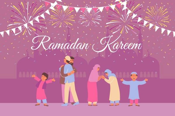 Ramadan card with temple silhouettes background ornate text and cheerful human characters of muslim family members vector illustration