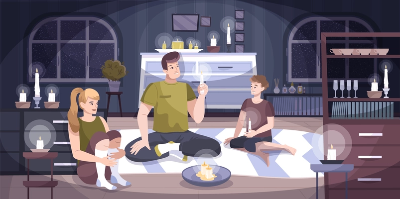 Power outage home composition a family of three sits in an apartment with candles because there is no light at home vector illustration