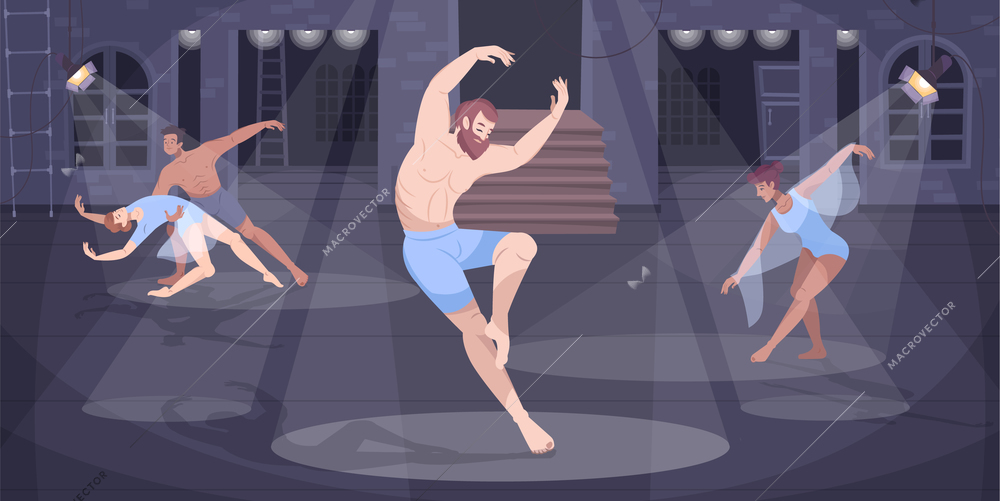 Dancer ballet flat composition with medieval theater stage background and doodle characters dancing in light spots vector illustration
