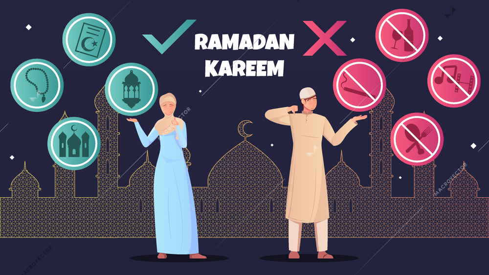 Ramadan dos donts and muslim people characters flat vector illustration