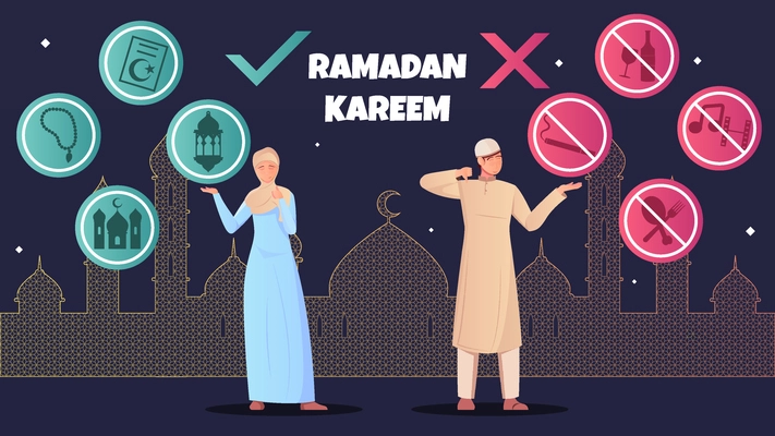 Ramadan dos donts and muslim people characters flat vector illustration