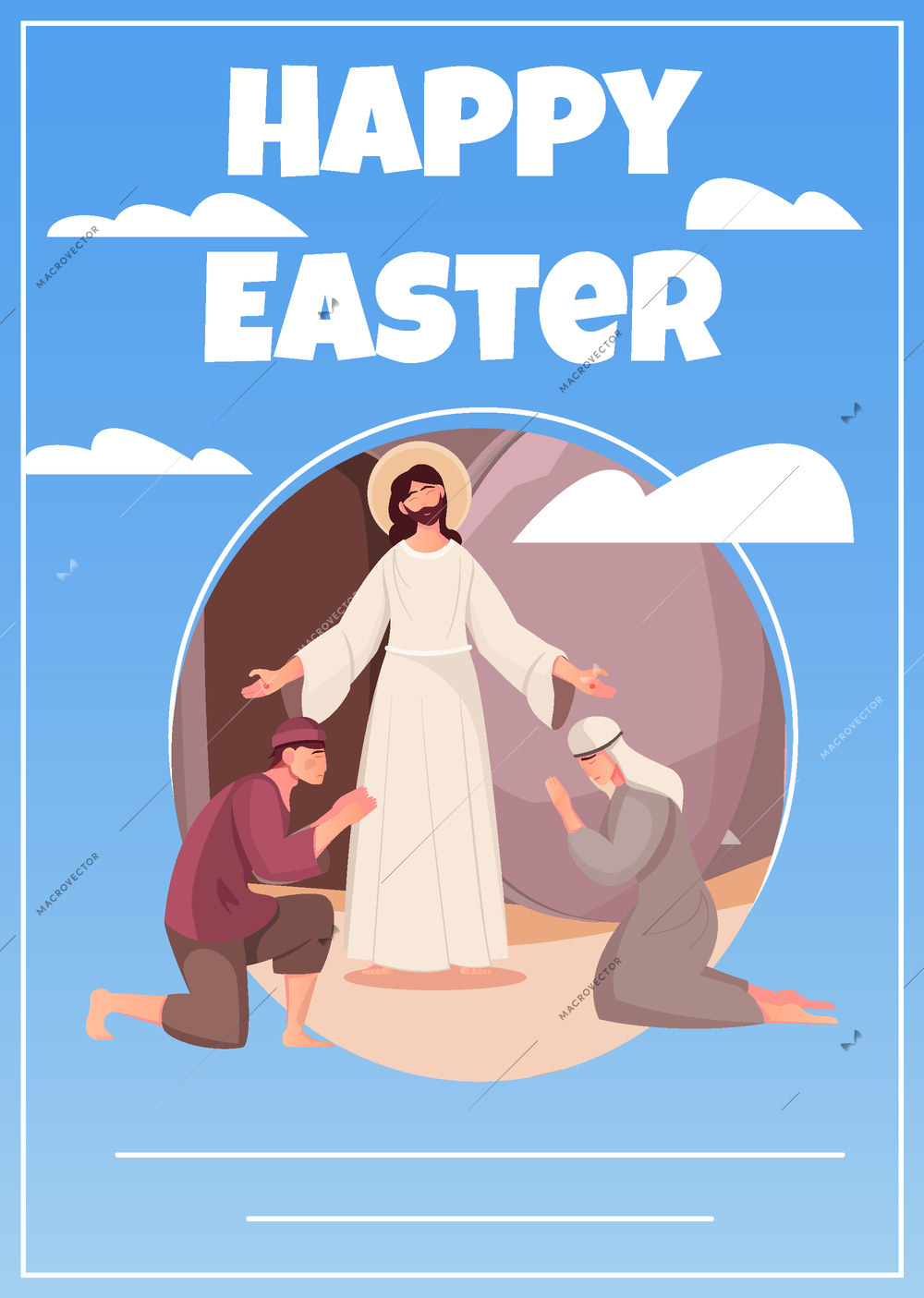 Happy easter flat greeting card with jesus christ and praying people vector illustration