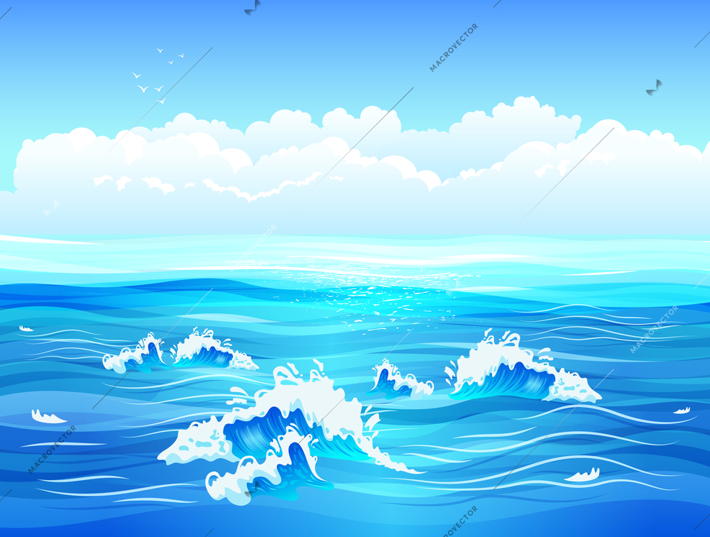 Calm sea or ocean surface with small waves and blue sky flat vector illustration