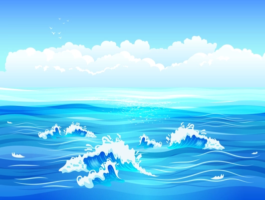 Calm sea or ocean surface with small waves and blue sky flat vector illustration