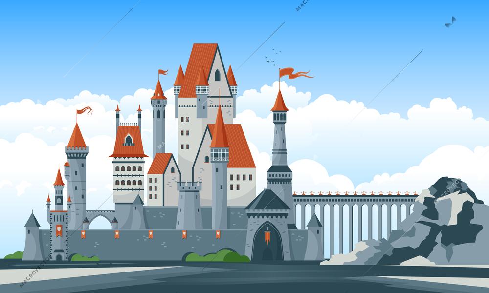 Beautiful medieval castle with arched windows towers turrets bridge gate flat vector illustration