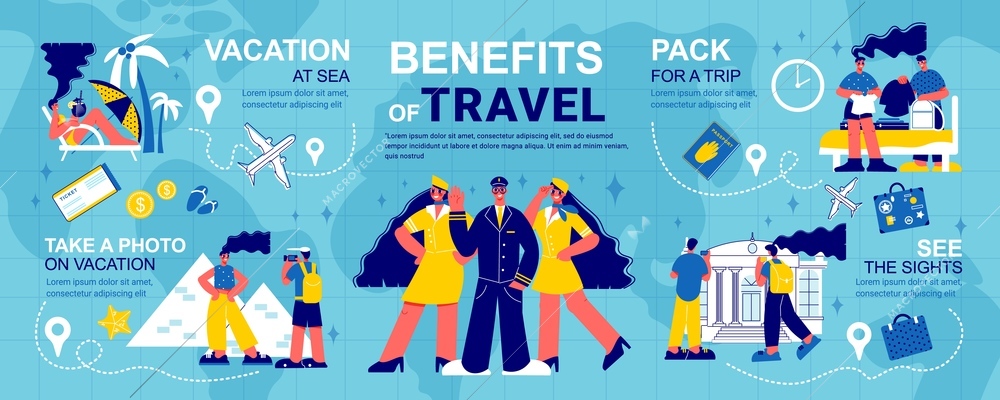 Travel infographics with editable text captions location signs routes airplane tickets and suitcase icons with people vector illustration