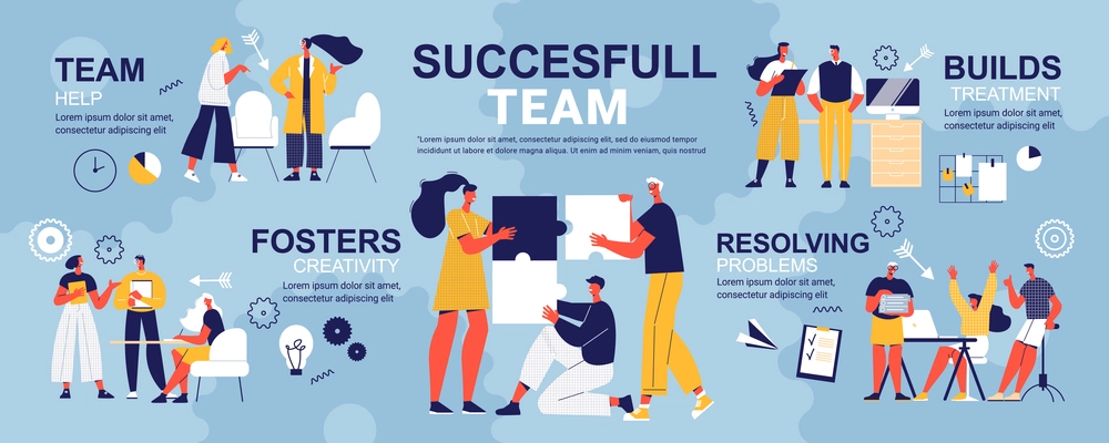 Successful team infographics with editable text captions icons of gear and target with characters of coworkers vector illustration