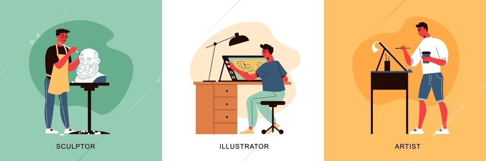 Artist design concept with three square compositions of working painters at workplace with sculptor and illustrator vector illustration