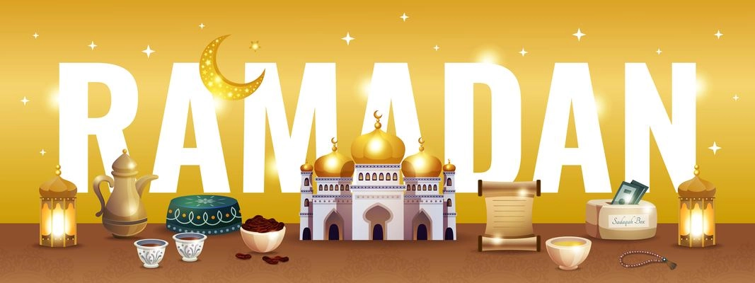 Ramadan text horizontal illustration with mosque crescent and traditional festive items vector, illustration