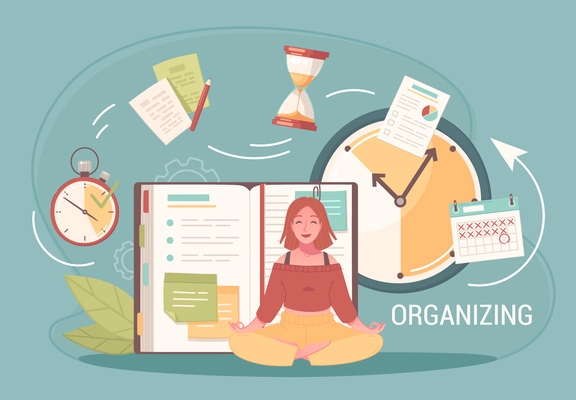 Personal growth self development composition with female character in yoga pose surrounded by time management icons vector illustration