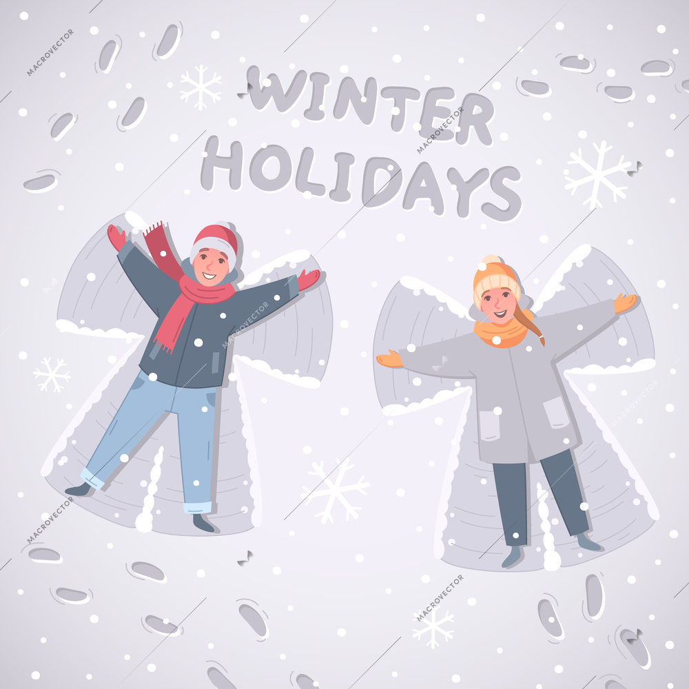 Winter sports leisure activity cartoon composition with doodle human characters lying on snow with editable text vector illustration