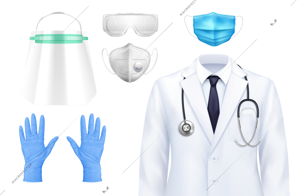 Doctor self protection uniform realistic set of isolated icons of suit masks and gloves with  goggles vector illustration