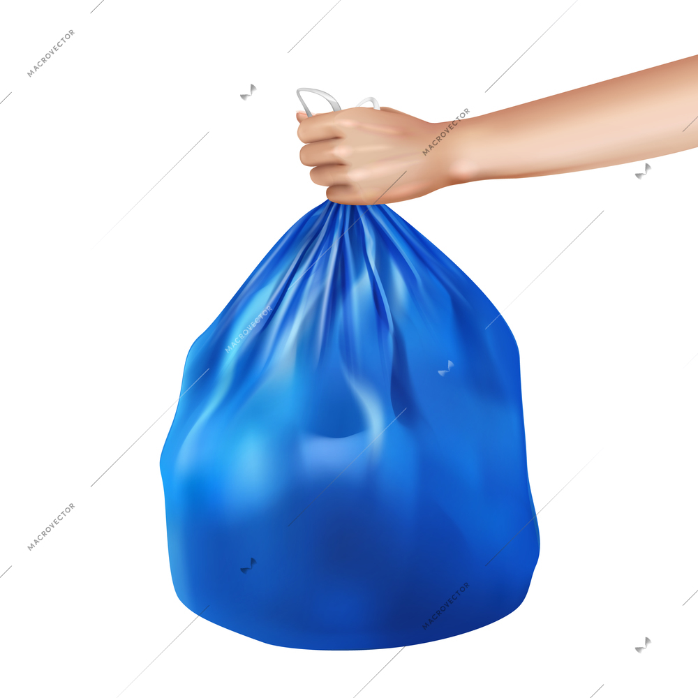 Plastic trash bag in hand realistic composition with isolated image of human hand holding rubbish bag vector illustration