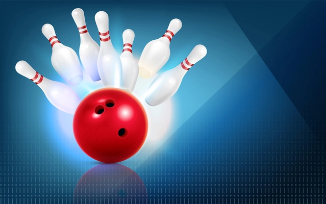 Bowling realistic composition with abstract background and images of red ball strike with bunch of pins vector illustration