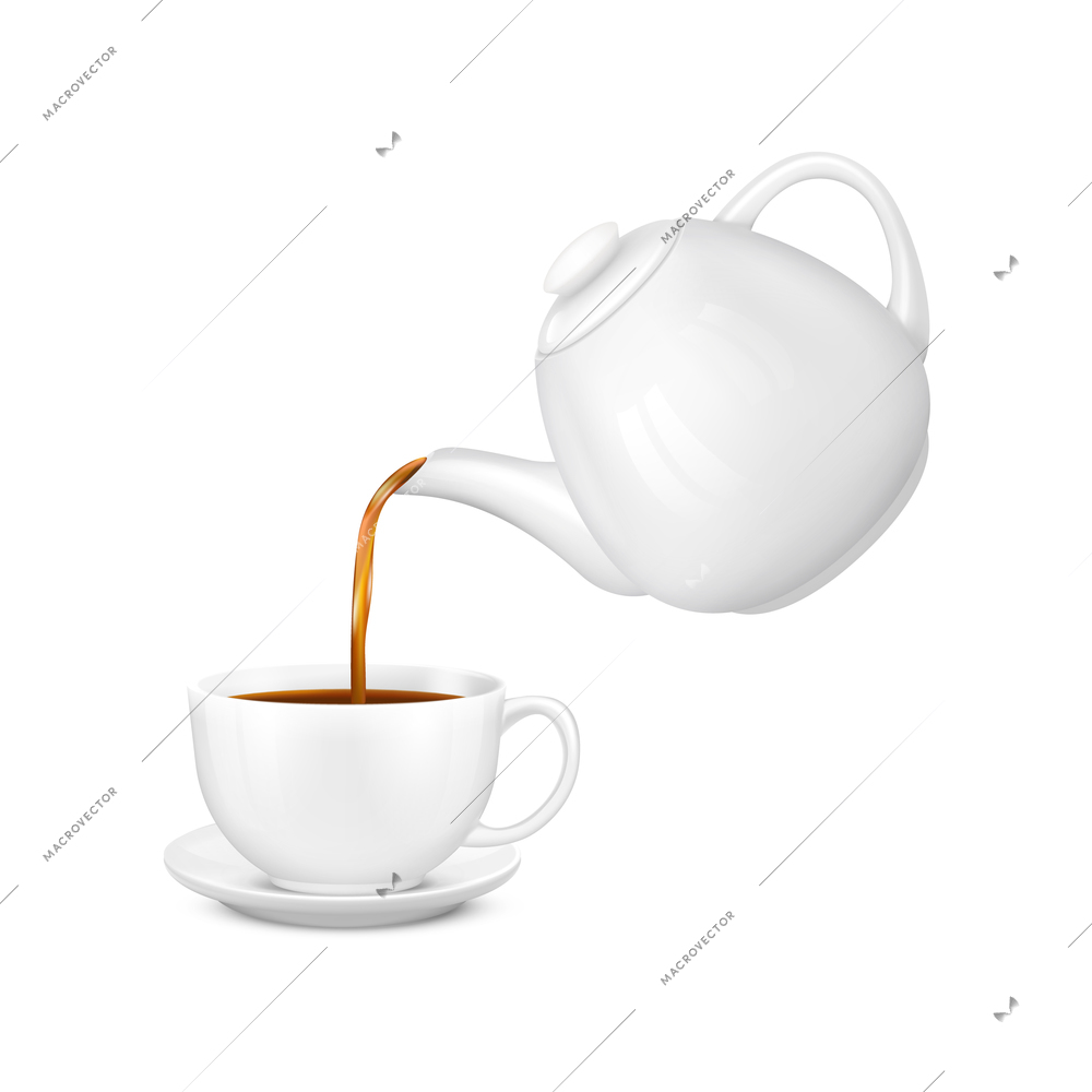 Pouring tea realistic composition with isolated images of teapot with cup on plate on blank background vector illustration