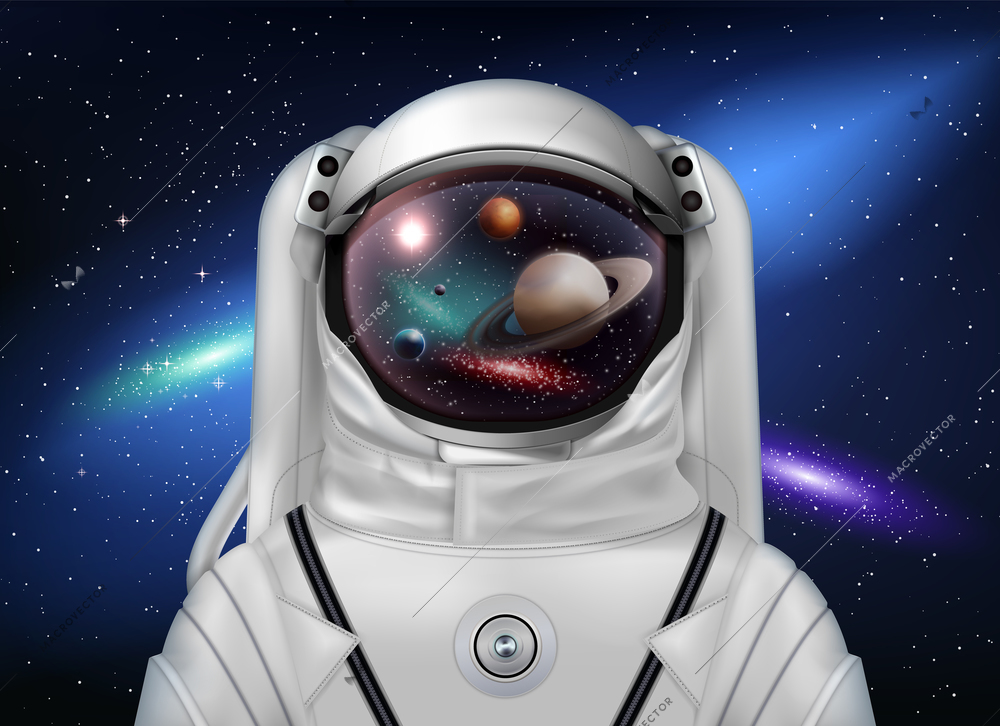 Astronaut space helmet realistic composition with outer space background stars galaxies and spacesuit with planets reflections vector illustration