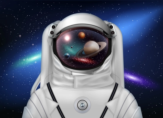 Astronaut space helmet realistic composition with outer space background stars galaxies and spacesuit with planets reflections vector illustration