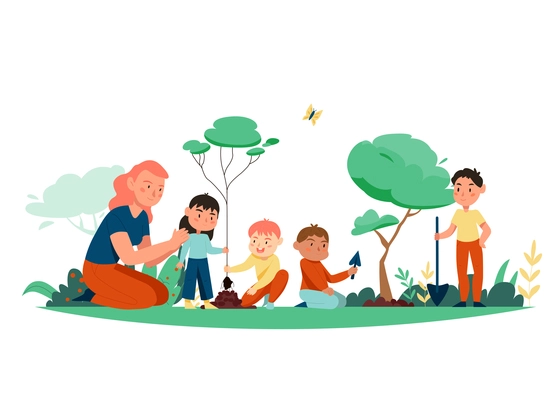 Nature study composition with outdoor landscape and cartoon style characters of kids and teacher discovering world vector illustration